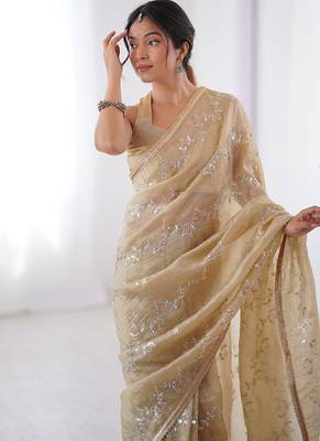 beige heavy smooth gold crush mirror work satin saree 5