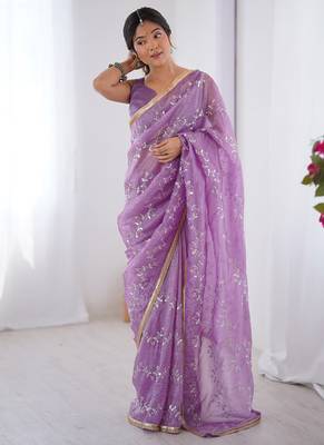 lavender heavy smooth gold crush mirror work satin saree 1
