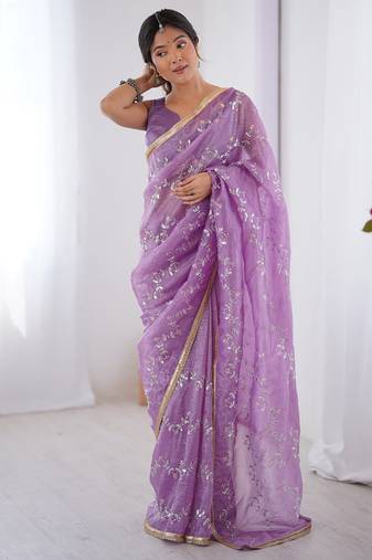 lavender heavy smooth gold crush mirror work satin saree