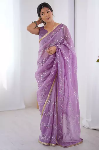 lavender heavy smooth gold crush mirror work satin saree