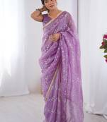 lavender heavy smooth gold crush mirror work satin saree