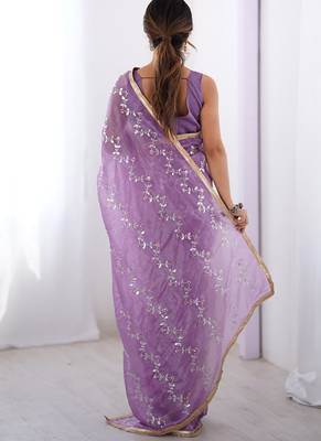 lavender heavy smooth gold crush mirror work satin saree 2
