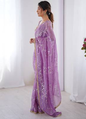 lavender heavy smooth gold crush mirror work satin saree 4