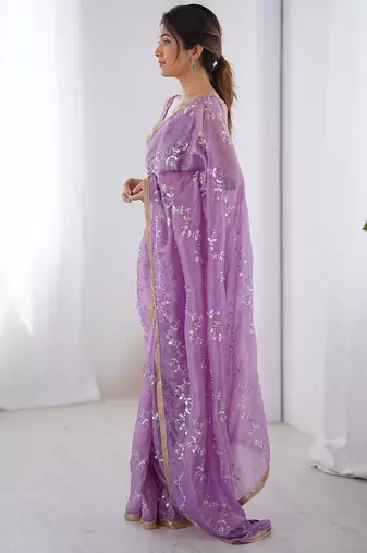 lavender heavy smooth gold crush mirror work satin saree