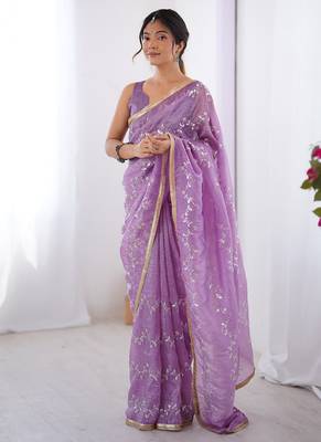 lavender heavy smooth gold crush mirror work satin saree 5