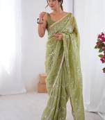 sea green heavy smooth gold crush mirror work satin saree
