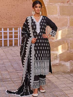 Women Floral Embroidered Regular Pure Cotton Kurta with Trousers & With Dupatta 6