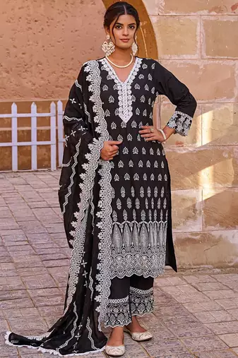 Women Floral Embroidered Regular Pure Cotton Kurta with Trousers & With Dupatta
