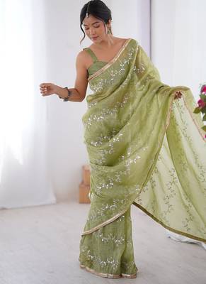 sea green heavy smooth gold crush mirror work satin saree 2