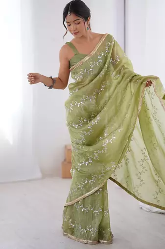 sea green heavy smooth gold crush mirror work satin saree