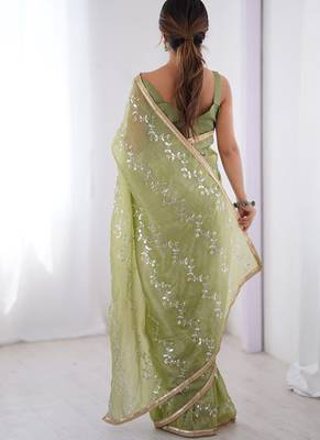 sea green heavy smooth gold crush mirror work satin saree 4
