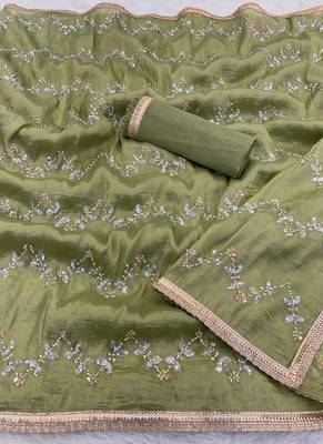 sea green heavy smooth gold crush mirror work satin saree 5