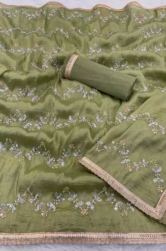 sea green heavy smooth gold crush mirror work satin saree