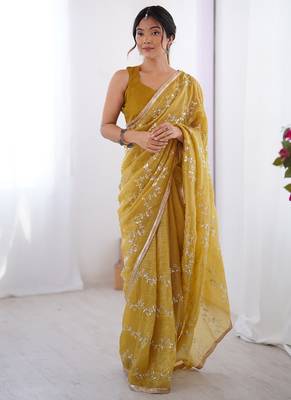 golden heavy smooth gold crush mirror work satin saree 1