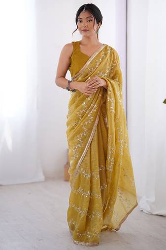 golden heavy smooth gold crush mirror work satin saree