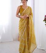 golden heavy smooth gold crush mirror work satin saree