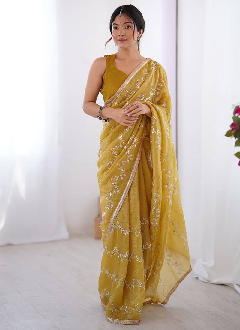 golden heavy smooth gold crush mirror work satin saree