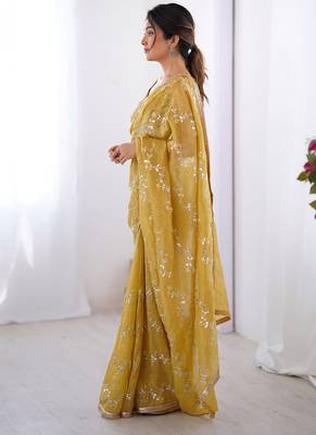golden heavy smooth gold crush mirror work satin saree 2