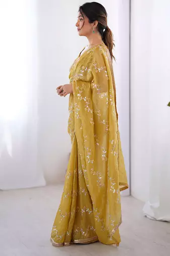 golden heavy smooth gold crush mirror work satin saree