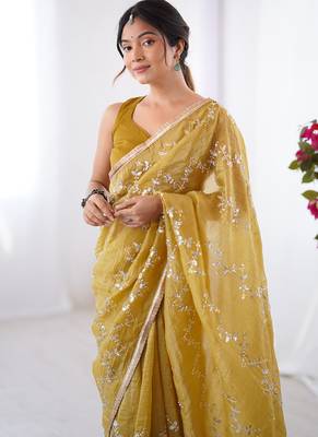 golden heavy smooth gold crush mirror work satin saree 3