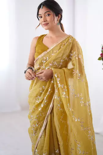 golden heavy smooth gold crush mirror work satin saree