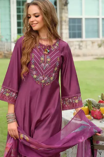Floral Embroidered Thread Work Tieup Neck A-Line Kurta With Trousers & Dupatta