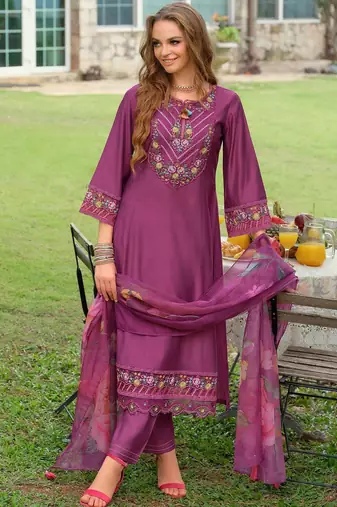 Floral Embroidered Thread Work Tieup Neck A-Line Kurta With Trousers & Dupatta