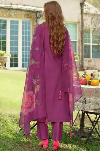 Floral Embroidered Thread Work Tieup Neck A-Line Kurta With Trousers & Dupatta