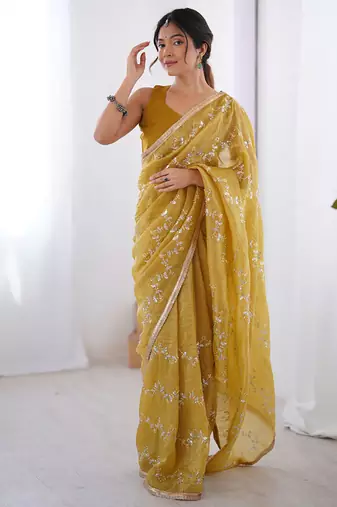golden heavy smooth gold crush mirror work satin saree