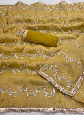 golden heavy smooth gold crush mirror work satin saree 5