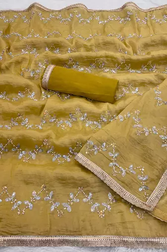 golden heavy smooth gold crush mirror work satin saree