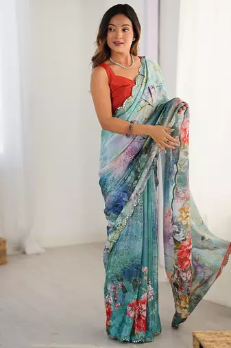 aqua blue heavy chiffon mirror work saree
