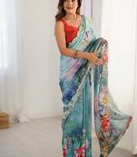 aqua blue heavy chiffon mirror work saree