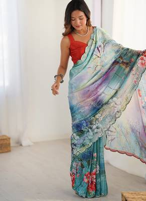 aqua blue heavy chiffon mirror work saree 2