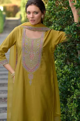 Ethnic Motifs Embroidered Straight Kurta with Trousers & Dupatta