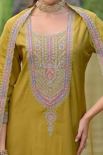 Ethnic Motifs Embroidered Straight Kurta with Trousers & Dupatta