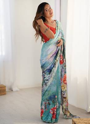 aqua blue heavy chiffon mirror work saree 4