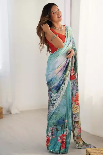 aqua blue heavy chiffon mirror work saree