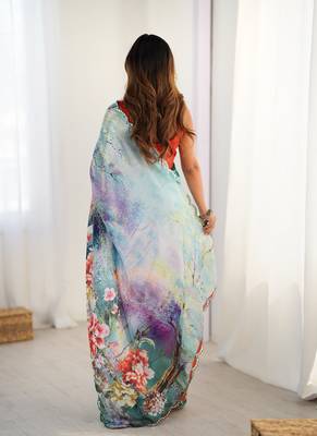 aqua blue heavy chiffon mirror work saree 5