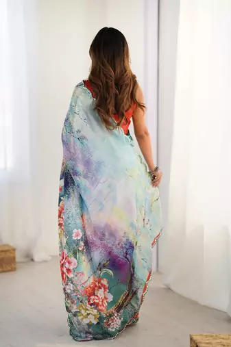aqua blue heavy chiffon mirror work saree