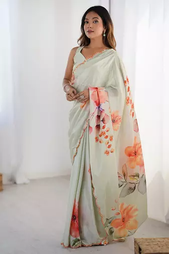 pastel heavy chiffon mirror work saree