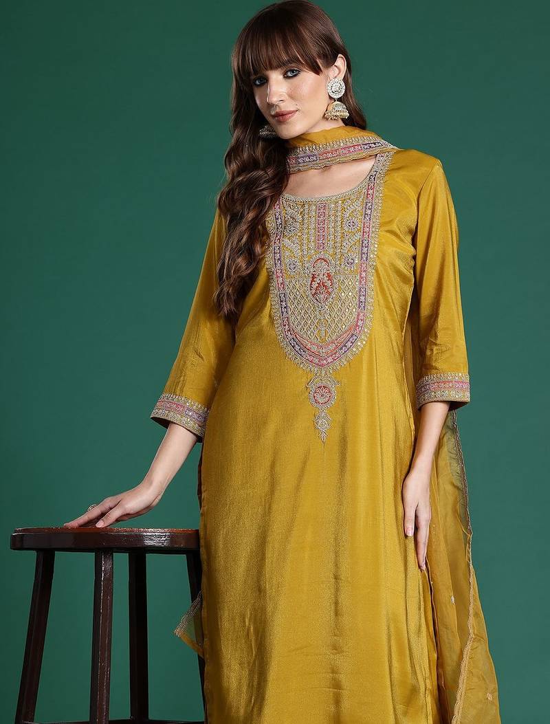 Ethnic Motifs Embroidered Sequinned Kurta with Trousers & With Dupatta