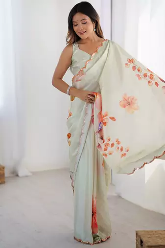 pastel heavy chiffon mirror work saree