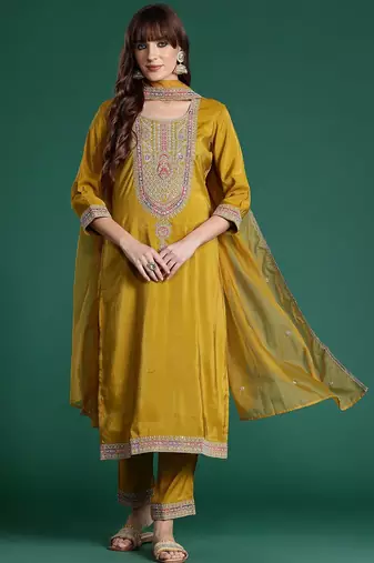 Ethnic Motifs Embroidered Sequinned Kurta with Trousers & With Dupatta