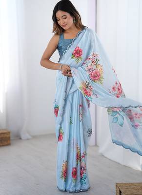 aqua blue heavy chiffon mirror work saree 1