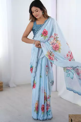 aqua blue heavy chiffon mirror work saree