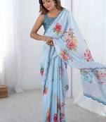 aqua blue heavy chiffon mirror work saree