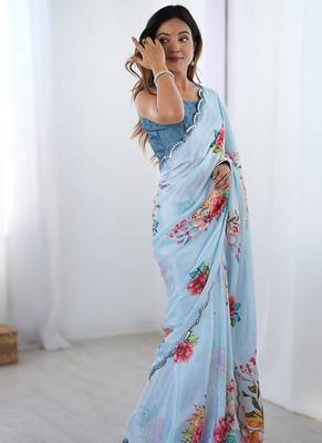 aqua blue heavy chiffon mirror work saree 2