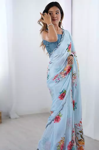 aqua blue heavy chiffon mirror work saree