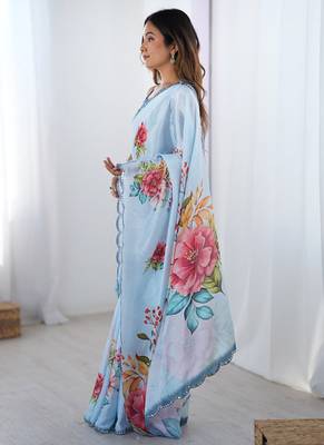 aqua blue heavy chiffon mirror work saree 3